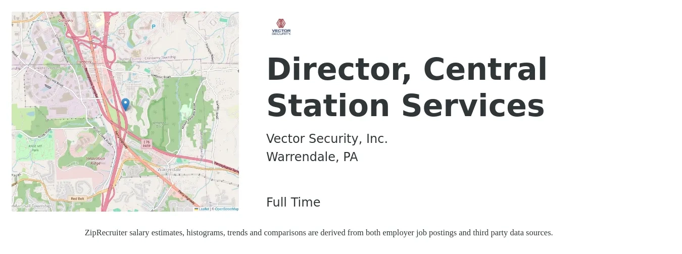 Vector Security, Inc. job posting for a Director, Central Station Services in Warrendale, PA with a salary of $58,600 to $107,500 Yearly with a map of Warrendale location.