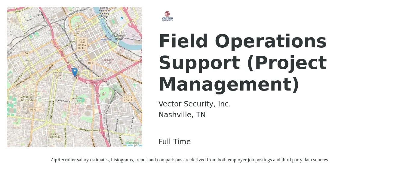 Vector Security, Inc. job posting for a Field Operations Support (Project Management) in Nashville, TN with a salary of $21 to $36 Hourly with a map of Nashville location.