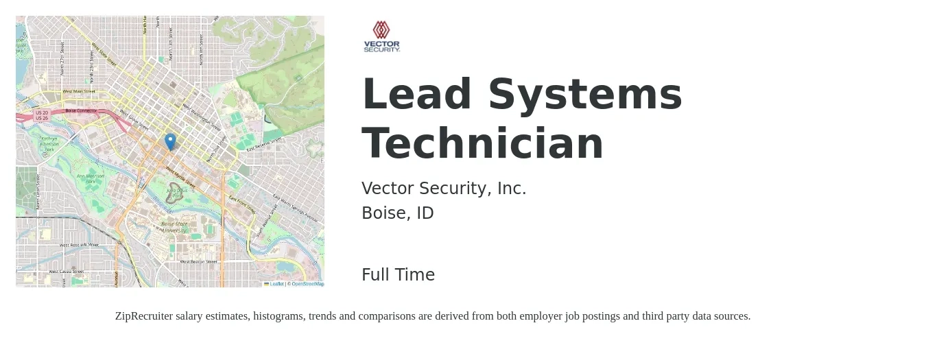 Vector Security, Inc. job posting for a Lead Systems Technician in Boise, ID with a salary of $19 to $29 Hourly with a map of Boise location.
