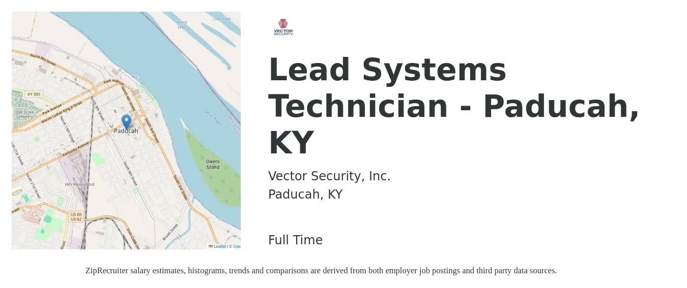 Vector Security, Inc. job posting for a Lead Systems Technician - Paducah, KY in Paducah, KY with a salary of $18 to $26 Hourly with a map of Paducah location.