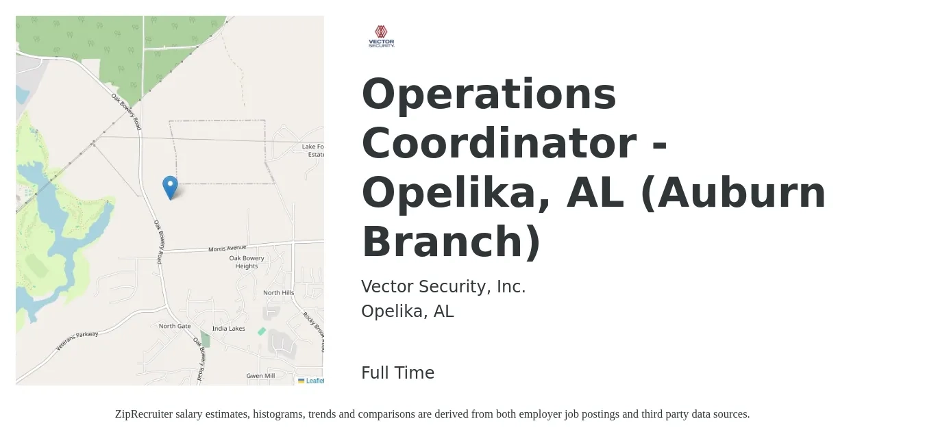 Vector Security, Inc. job posting for a Operations Coordinator - Opelika, AL (Auburn Branch) in Opelika, AL with a salary of $18 to $25 Hourly with a map of Opelika location.