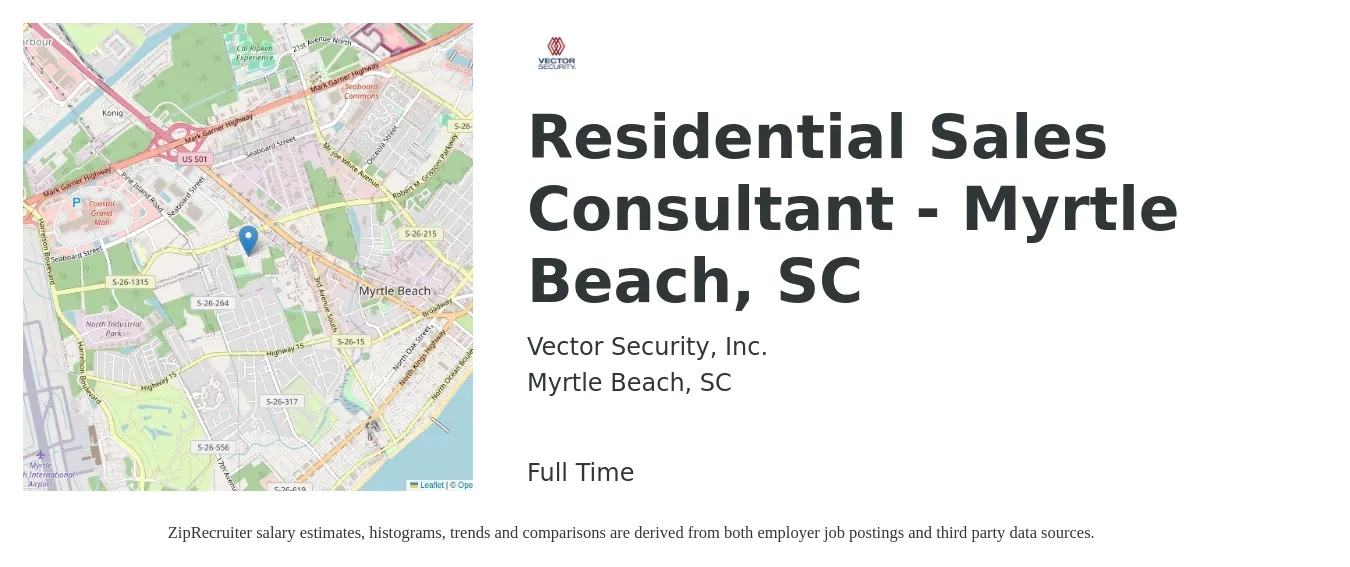 Vector Security, Inc. job posting for a Residential Sales Consultant - Myrtle Beach, SC in Myrtle Beach, SC with a salary of $40,500 to $90,000 Yearly with a map of Myrtle Beach location.