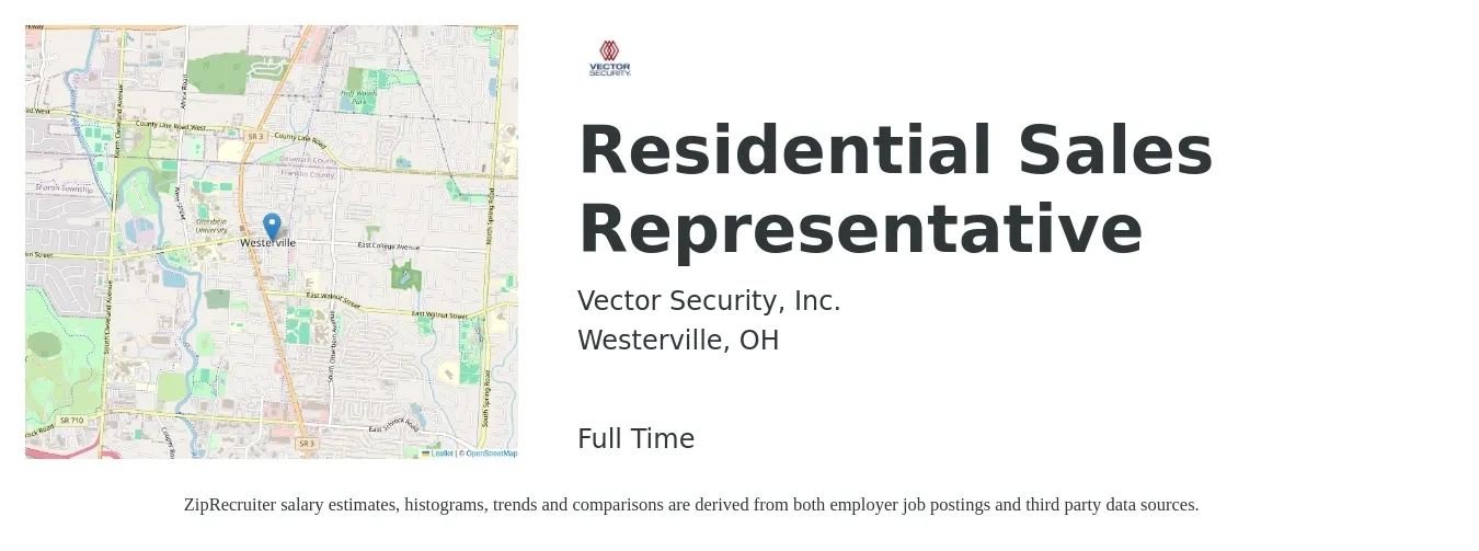 Vector Security, Inc. job posting for a Residential Sales Representative in Westerville, OH with a salary of $48,200 to $74,200 Yearly with a map of Westerville location.