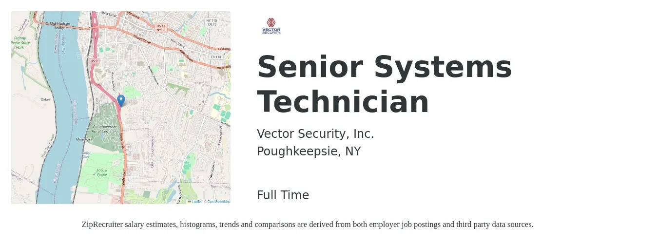 Vector Security, Inc. job posting for a Senior Systems Technician in Poughkeepsie, NY with a salary of $22 to $33 Hourly with a map of Poughkeepsie location.