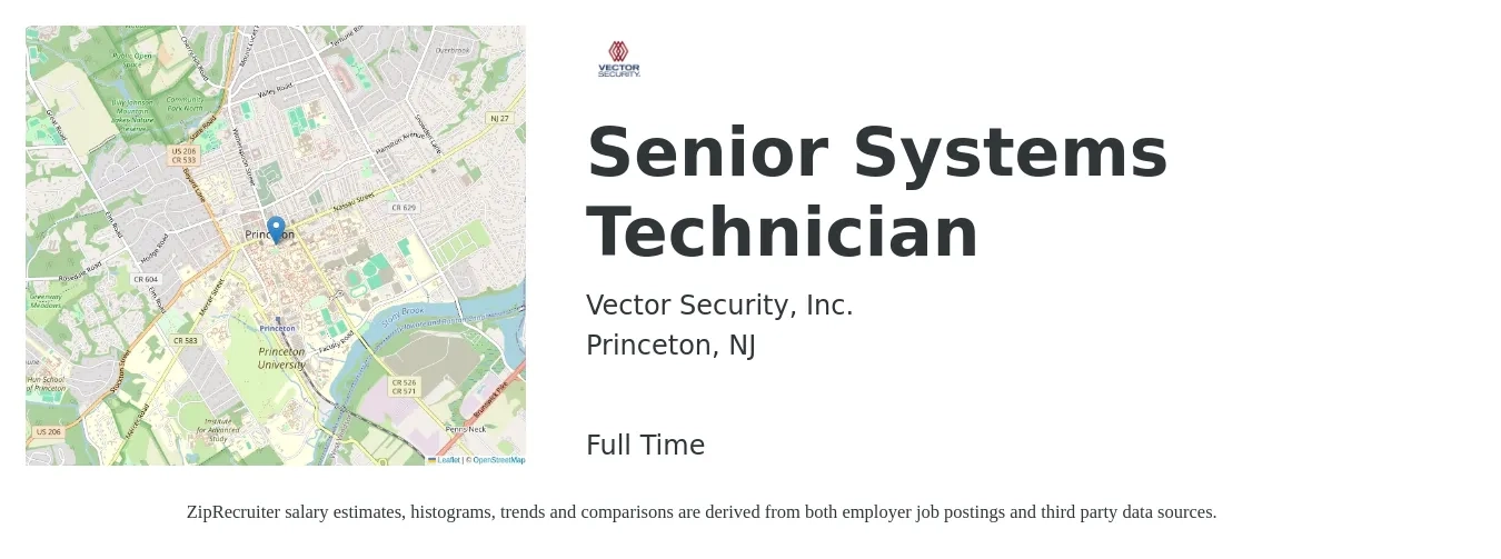 Vector Security, Inc. job posting for a Senior Systems Technician in Princeton, NJ with a salary of $24 to $35 Hourly with a map of Princeton location.