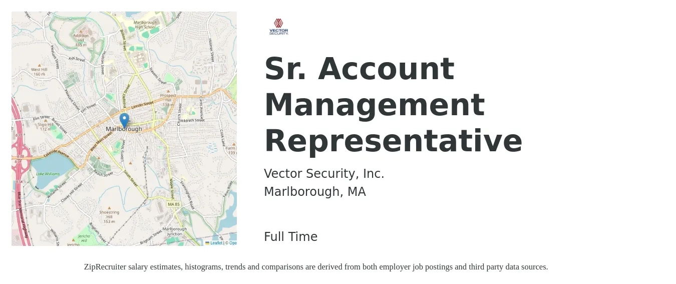 Vector Security, Inc. job posting for a Sr. Account Management Representative in Marlborough, MA with a salary of $45,600 to $87,100 Yearly with a map of Marlborough location.
