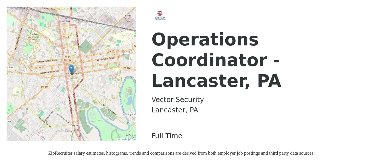 Vector Security, Inc. job posting for a Operations Coordinator - Lancaster, PA in Lancaster, PA with a salary of $20 to $28 Hourly with a map of Lancaster location.