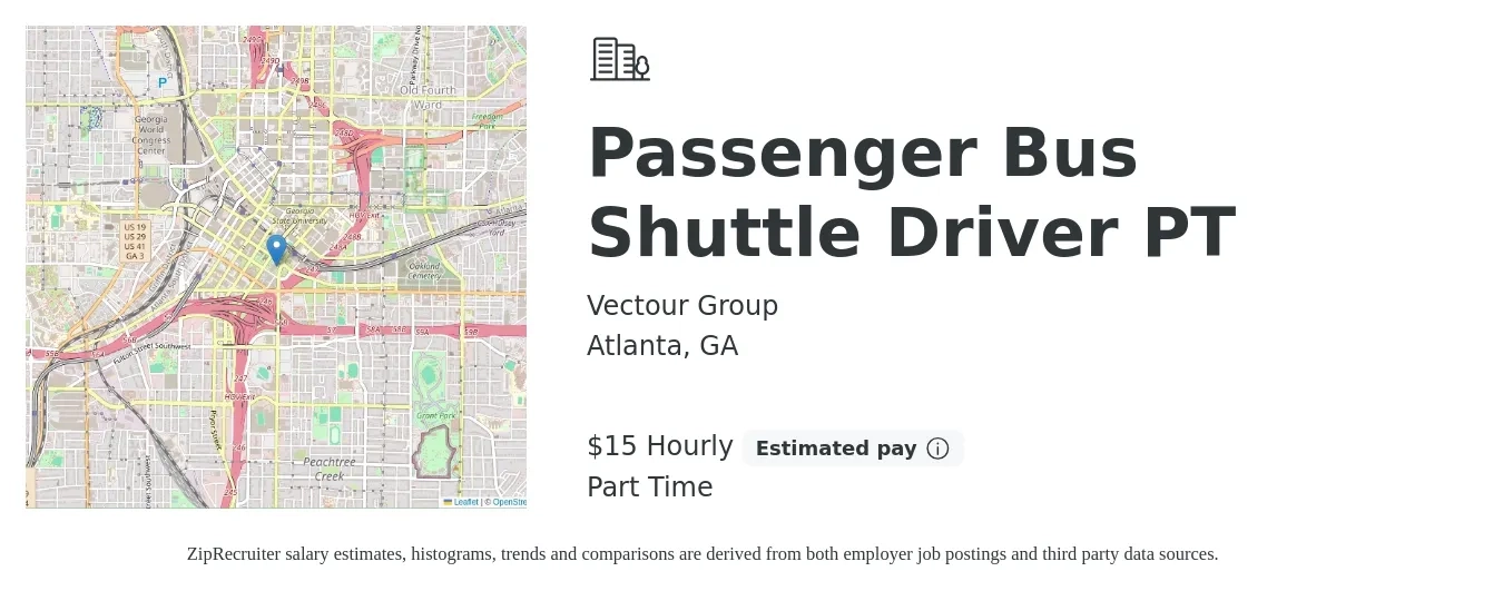 Vectour Group job posting for a Passenger Bus Shuttle Driver PT in Atlanta, GA with a salary of $16 Hourly with a map of Atlanta location.