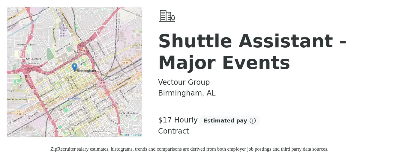 Vectour Group job posting for a Shuttle Assistant - Major Events in Birmingham, AL with a salary of $18 Hourly with a map of Birmingham location.