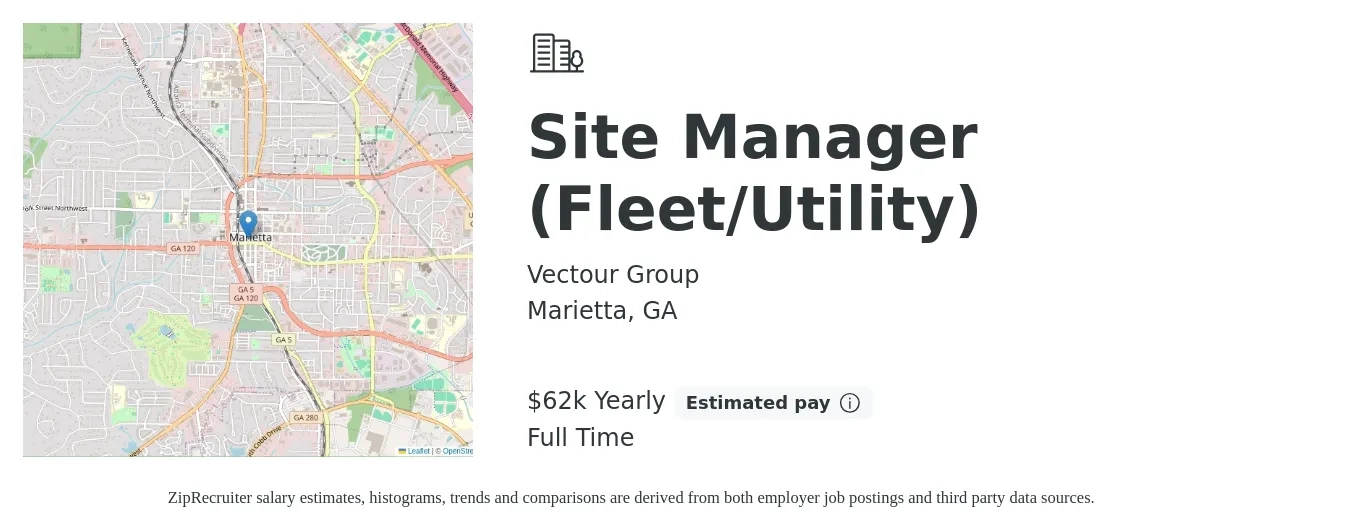 Vectour Group job posting for a Site Manager (Fleet/Utility) in Marietta, GA with a salary of $62,500 Yearly with a map of Marietta location.
