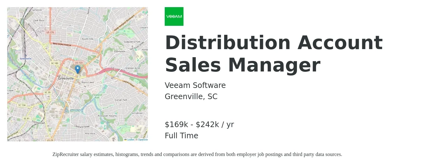 Veeam Software job posting for a Distribution Account Sales Manager in Greenville, SC with a salary of $169,400 to $242,000 Yearly with a map of Greenville location.