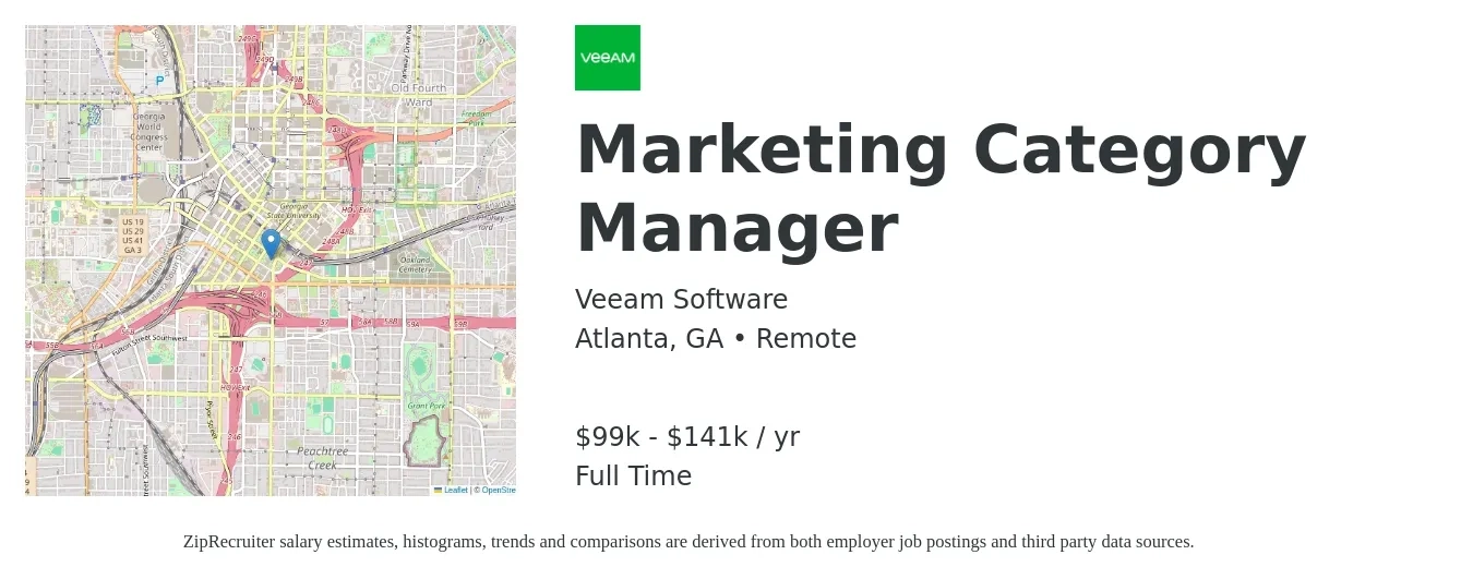 Veeam Software job posting for a Marketing Category Manager in Atlanta, GA with a salary of $99,300 to $141,800 Yearly with a map of Atlanta location.