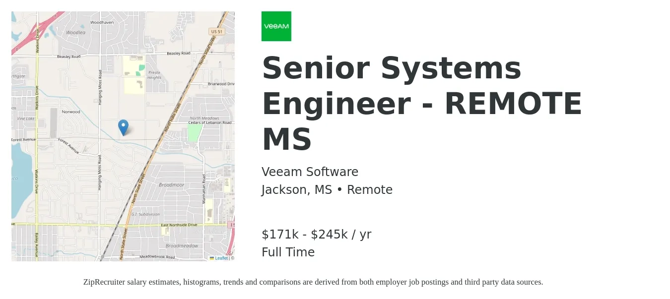 Veeam Software job posting for a Senior Systems Engineer - REMOTE MS in Jackson, MS with a salary of $171,900 to $245,500 Yearly with a map of Jackson location.