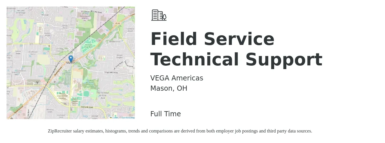 VEGA Americas job posting for a Field Service Technical Support in Mason, OH with a salary of $19 to $28 Hourly with a map of Mason location.