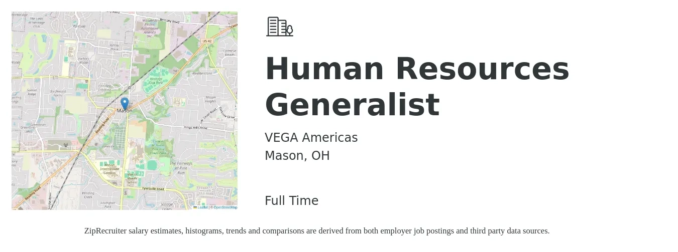 VEGA Americas job posting for a Human Resources Generalist in Mason, OH with a salary of $48,900 to $69,600 Yearly with a map of Mason location.