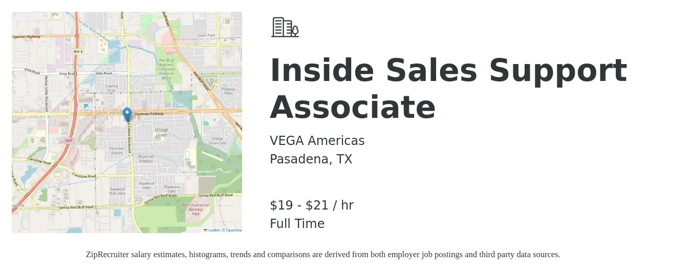 VEGA Americas job posting for a Inside Sales Support Associate in Pasadena, TX with a salary of $20 to $22 Hourly with a map of Pasadena location.