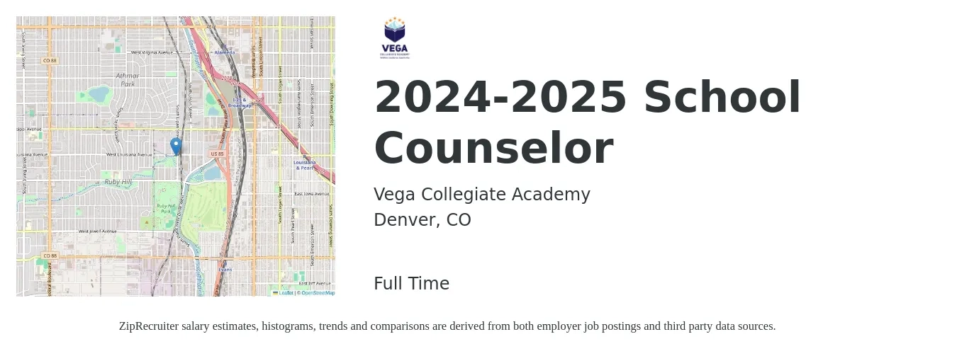Vega Collegiate Academy job posting for a 2024-2025 School Counselor in Denver, CO with a salary of $55,000 to $90,000 Yearly with a map of Denver location.