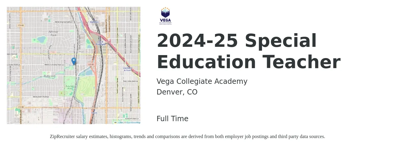 Vega Collegiate Academy job posting for a 2024-25 Special Education Teacher in Denver, CO with a salary of $52,000 to $90,000 Yearly with a map of Denver location.