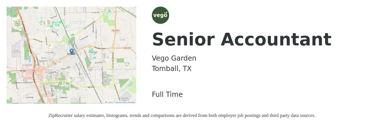 Vego Garden job posting for a Senior Accountant in Tomball, TX with a salary of $70,100 to $88,000 Yearly with a map of Tomball location.
