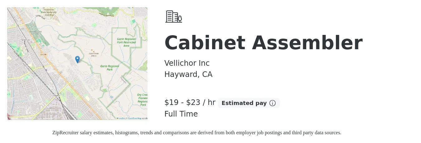 Vellichor Inc job posting for a Cabinet Assembler in Hayward, CA with a salary of $20 to $24 Hourly with a map of Hayward location.