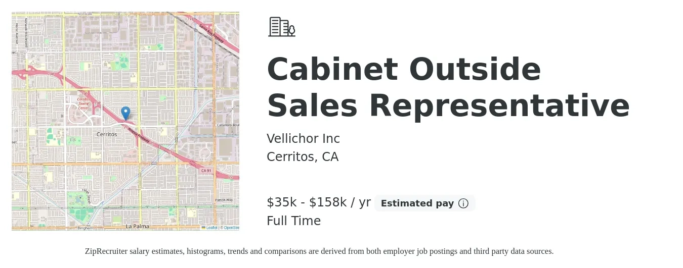 Vellichor Inc job posting for a Cabinet Outside Sales Representative in Cerritos, CA with a salary of $36,200 to $158,759 Yearly with a map of Cerritos location.