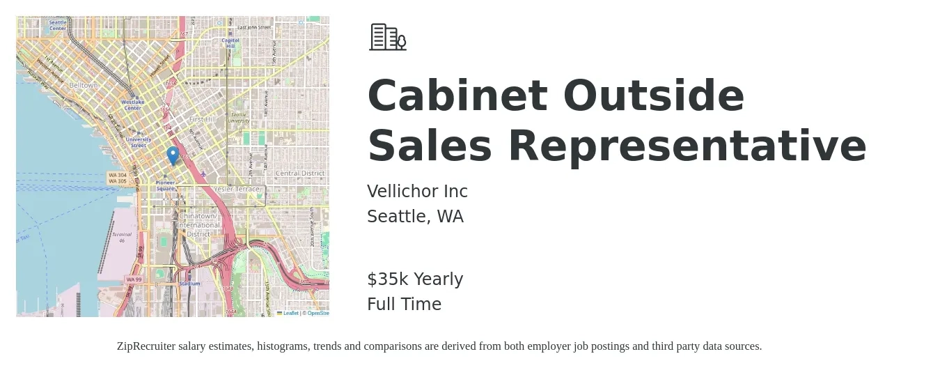 Vellichor Inc job posting for a Cabinet Outside Sales Representative in Seattle, WA with a salary of $35,407 to $158,759 Yearly with a map of Seattle location.