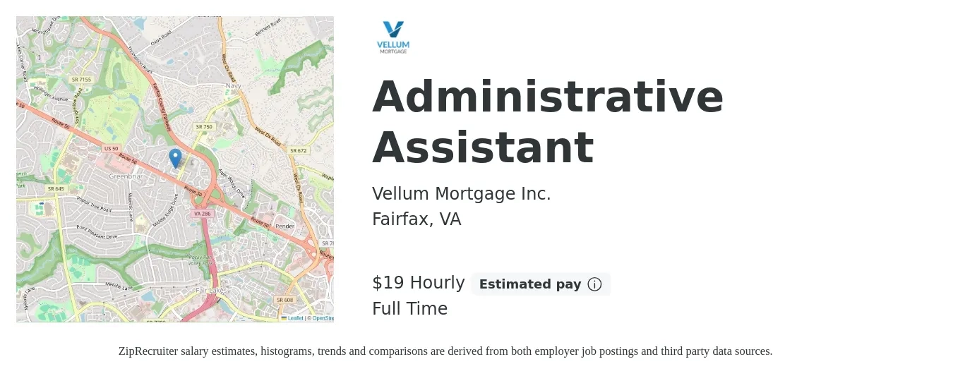 Vellum Mortgage Inc. job posting for a Administrative Assistant in Fairfax, VA with a salary of $20 Hourly with a map of Fairfax location.