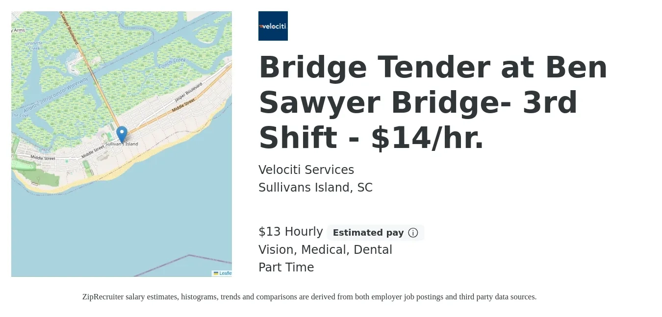 Velociti Services job posting for a Bridge Tender at Ben Sawyer Bridge- 3rd Shift - $14/hr. in Sullivans Island, SC with a salary of $14 Hourly and benefits including vision, dental, and medical with a map of Sullivans Island location.