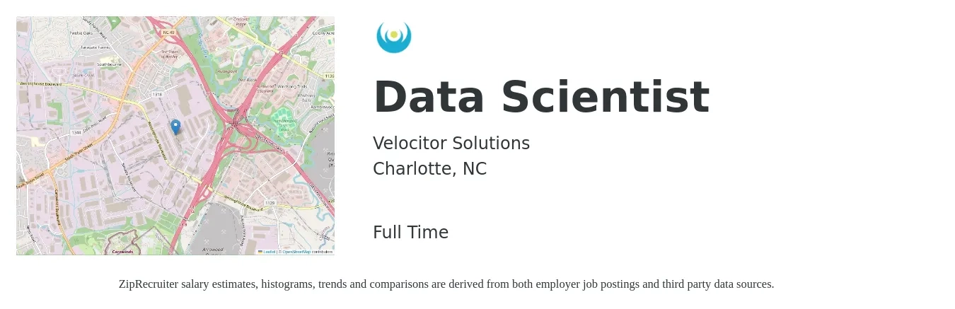 Velocitor Solutions job posting for a Data Scientist in Charlotte, NC with a salary of $92,400 to $127,500 Yearly with a map of Charlotte location.