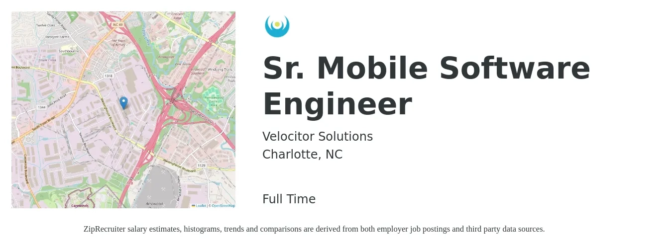 Velocitor Solutions job posting for a Sr. Mobile Software Engineer in Charlotte, NC with a salary of $125,200 to $156,600 Yearly with a map of Charlotte location.