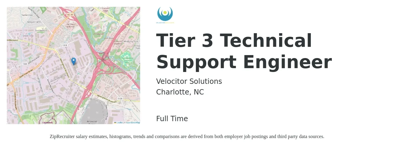 Velocitor Solutions job posting for a Tier 3 Technical Support Engineer in Charlotte, NC with a salary of $54,400 to $92,400 Yearly with a map of Charlotte location.