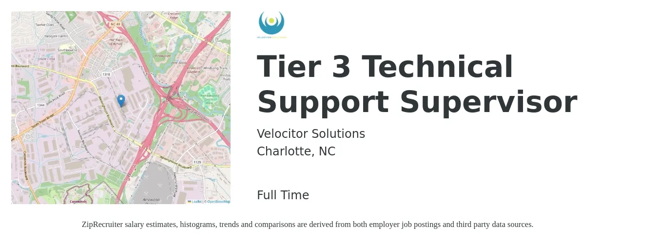 Velocitor Solutions job posting for a Tier 3 Technical Support Supervisor in Charlotte, NC with a salary of $61,000 to $97,500 Yearly with a map of Charlotte location.