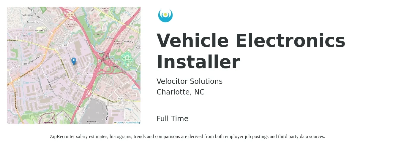 Velocitor Solutions job posting for a Vehicle Electronics Installer in Charlotte, NC with a salary of $16 to $21 Hourly with a map of Charlotte location.