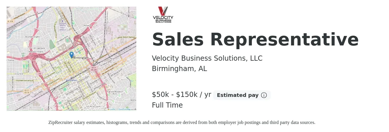 Velocity Business Solutions, LLC job posting for a Sales Representative in Birmingham, AL with a salary of $50,000 to $150,000 Yearly with a map of Birmingham location.