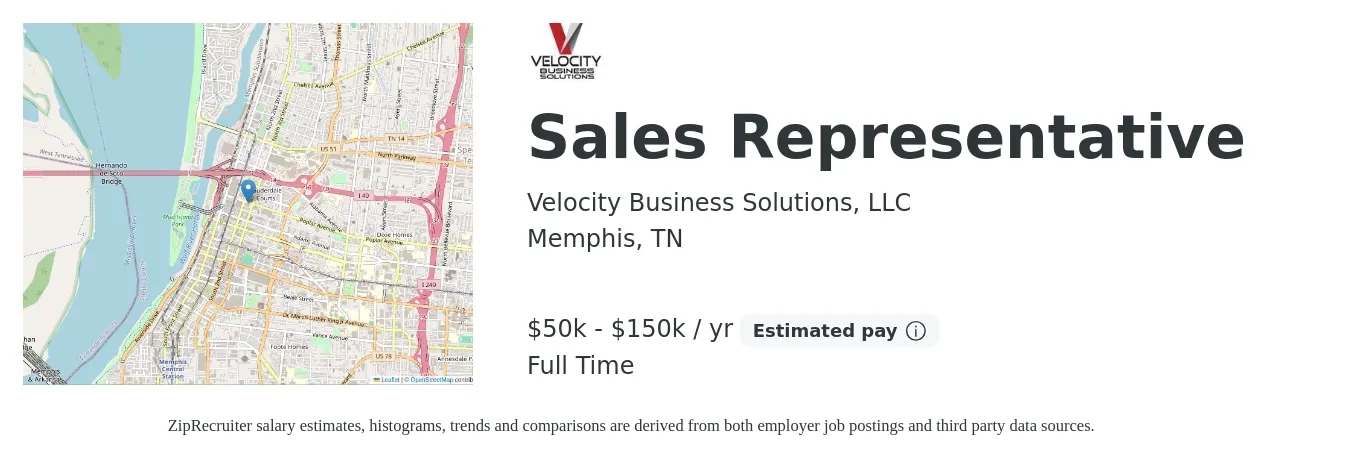 Velocity Business Solutions, LLC job posting for a Sales Representative in Memphis, TN with a salary of $50,000 to $150,000 Yearly with a map of Memphis location.