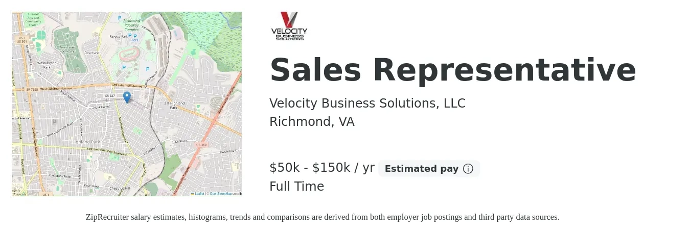 Velocity Business Solutions, LLC job posting for a Sales Representative in Richmond, VA with a salary of $50,000 to $150,000 Yearly with a map of Richmond location.