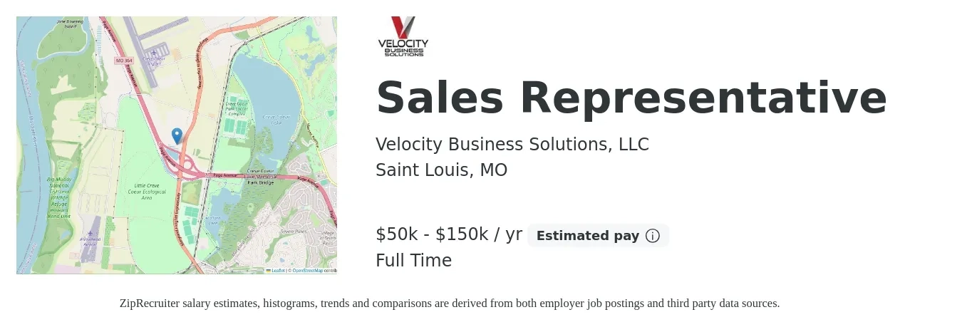 Velocity Business Solutions, LLC job posting for a Sales Representative in Saint Louis, MO with a salary of $50,000 to $150,000 Yearly with a map of Saint Louis location.