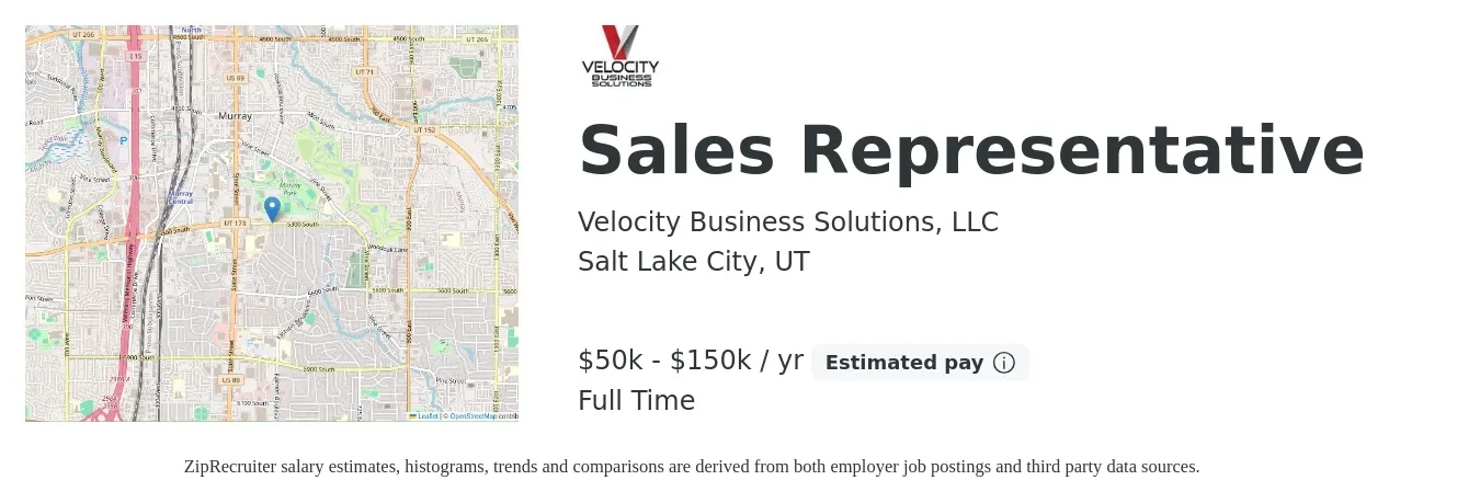 Velocity Business Solutions, LLC job posting for a Sales Representative in Salt Lake City, UT with a salary of $50,000 to $150,000 Yearly with a map of Salt Lake City location.