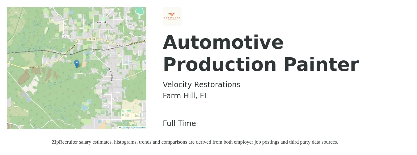 Velocity Restorations job posting for a Automotive Production Painter in Farm Hill, FL with a salary of $18 to $28 Hourly with a map of Farm Hill location.