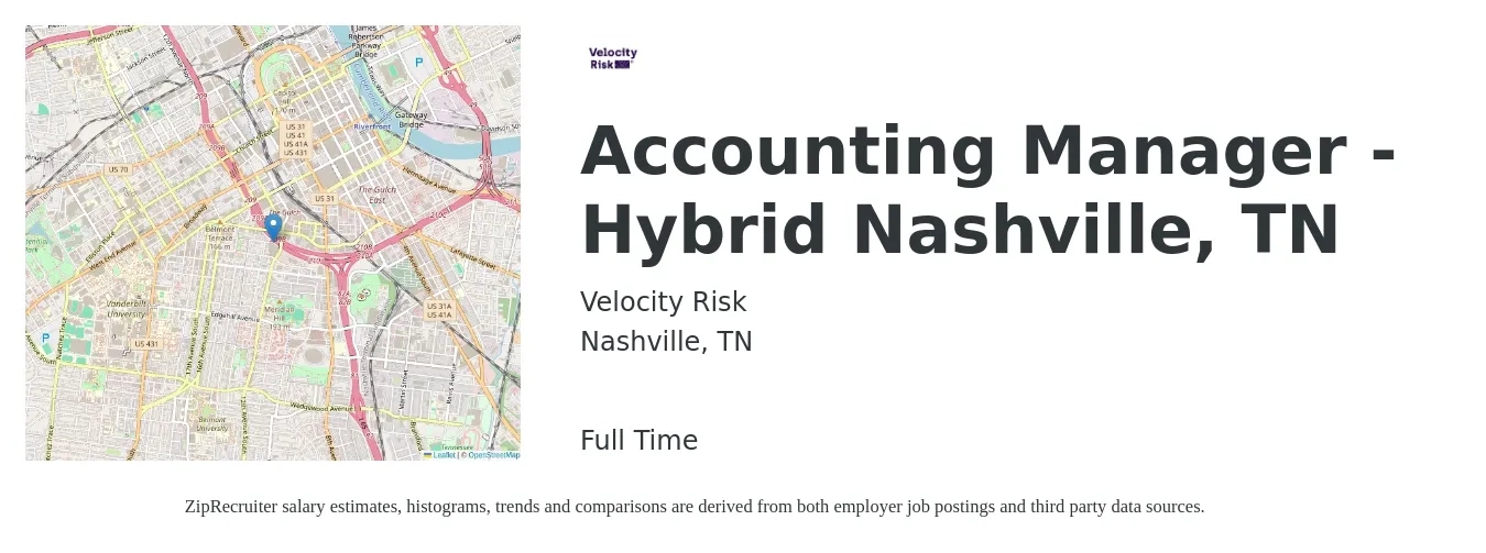 Velocity Risk job posting for a Accounting Manager - Hybrid Nashville, TN in Nashville, TN with a salary of $75,300 to $108,200 Yearly with a map of Nashville location.