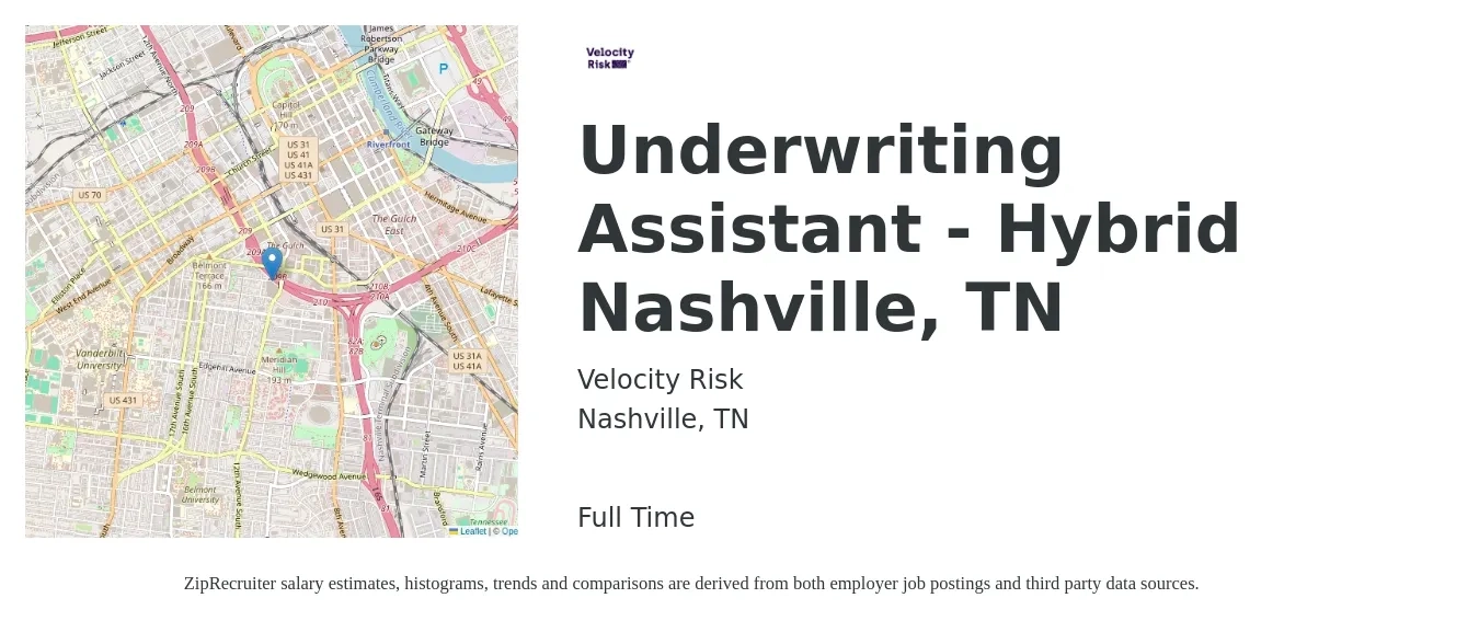 Velocity Risk job posting for a Underwriting Assistant - Hybrid Nashville, TN in Nashville, TN with a salary of $19 to $26 Hourly with a map of Nashville location.