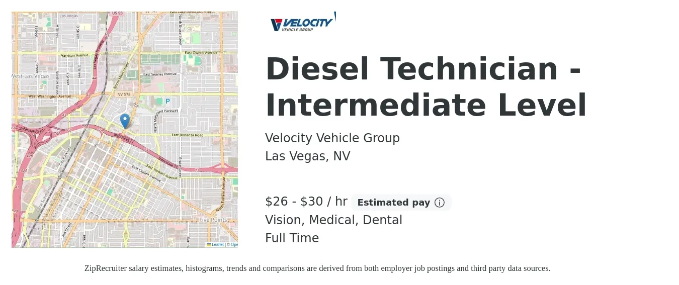 Velocity Vehicle Group job posting for a Diesel Technician - Intermediate Level in Las Vegas, NV with a salary of $28 to $32 Hourly and benefits including dental, life_insurance, medical, retirement, and vision with a map of Las Vegas location.