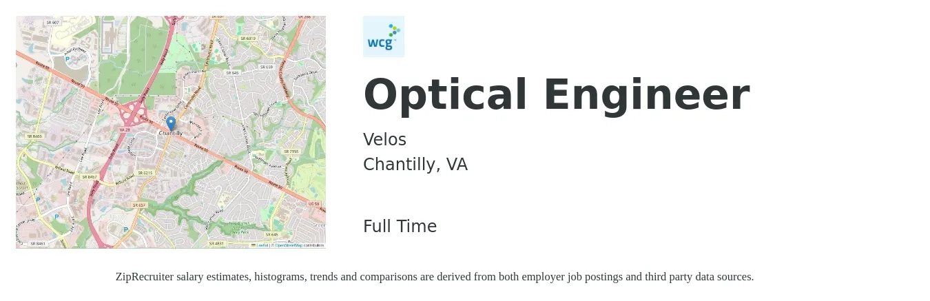 Velos job posting for a Optical Engineer in Chantilly, VA with a salary of $126,000 to $163,200 Yearly with a map of Chantilly location.