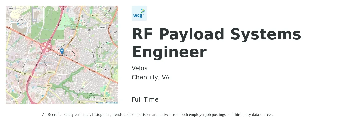 Velos job posting for a RF Payload Systems Engineer in Chantilly, VA with a salary of $95,300 to $135,800 Yearly with a map of Chantilly location.