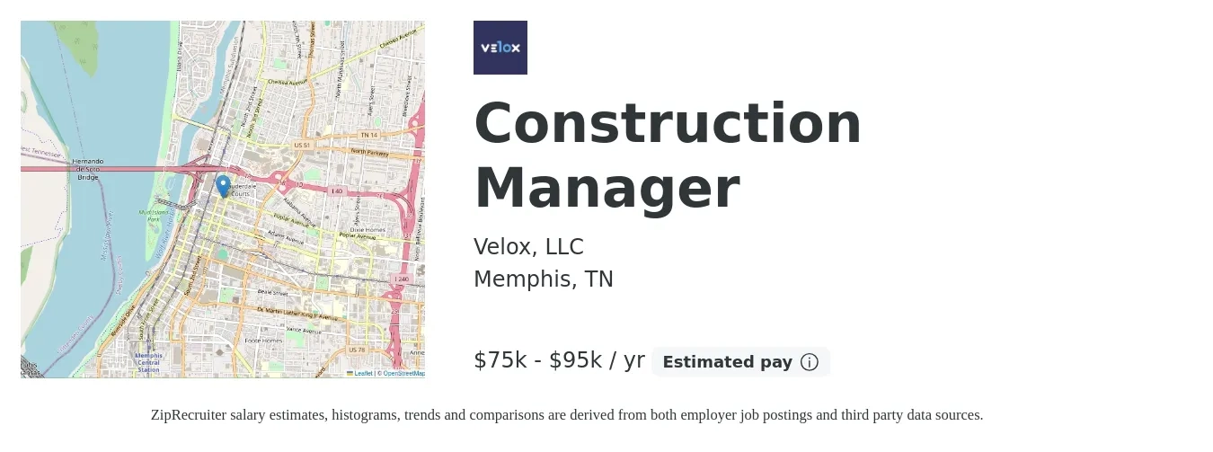 Velox, LLC job posting for a Construction Manager in Memphis, TN with a salary of $75,000 to $95,000 Yearly with a map of Memphis location.