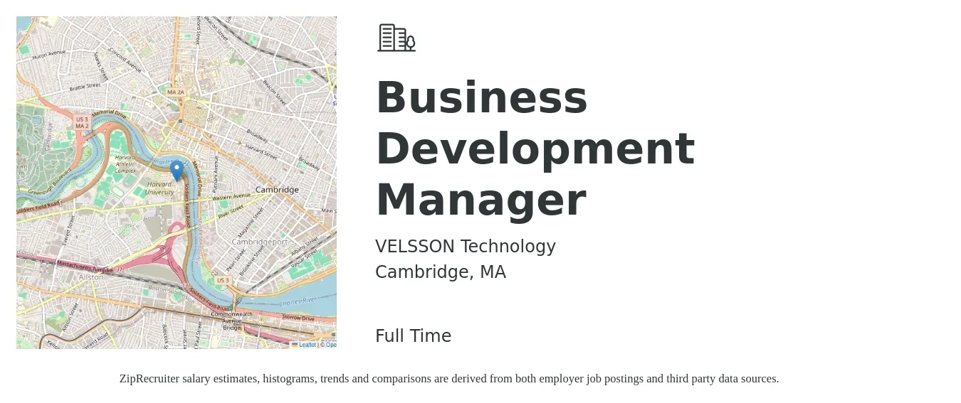 VELSSON Technology job posting for a Business Development Manager in Cambridge, MA with a salary of $66,700 to $109,300 Yearly with a map of Cambridge location.