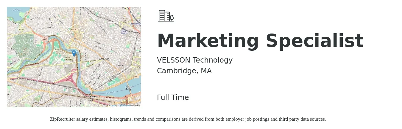 VELSSON Technology job posting for a Marketing Specialist in Cambridge, MA with a salary of $51,900 to $76,500 Yearly with a map of Cambridge location.