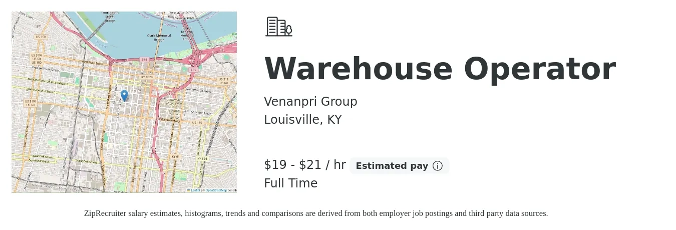 Venanpri Group job posting for a Warehouse Operator in Louisville, KY with a salary of $20 to $22 Hourly with a map of Louisville location.