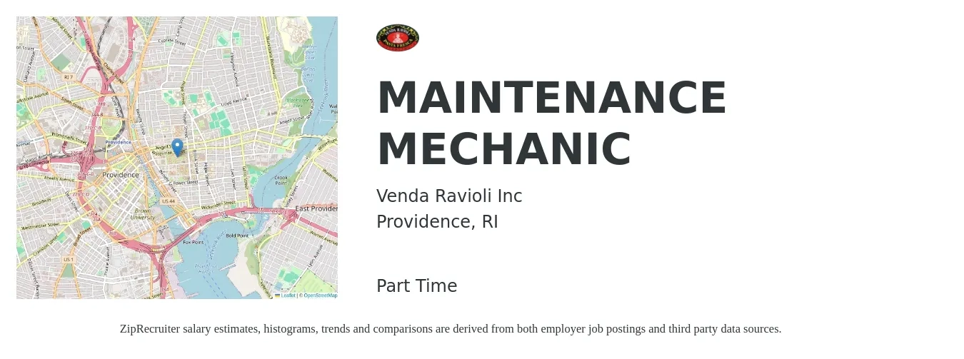 Venda Ravioli Inc job posting for a MAINTENANCE MECHANIC in Providence, RI with a salary of $25 to $32 Hourly with a map of Providence location.