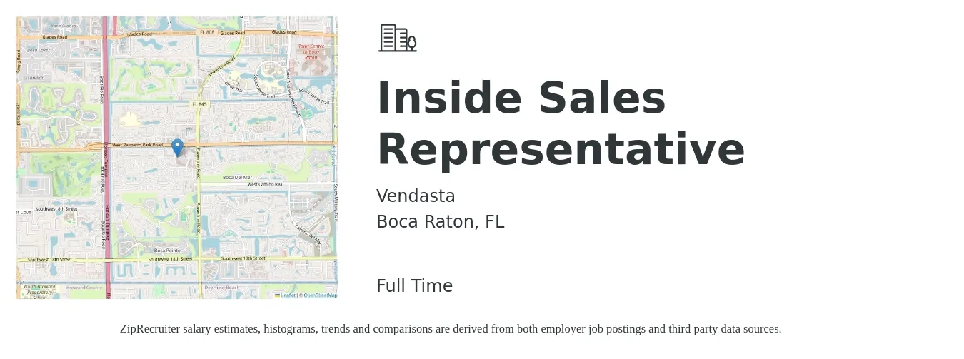 Vendasta job posting for a Inside Sales Representative in Boca Raton, FL with a salary of $36,700 to $54,800 Yearly with a map of Boca Raton location.